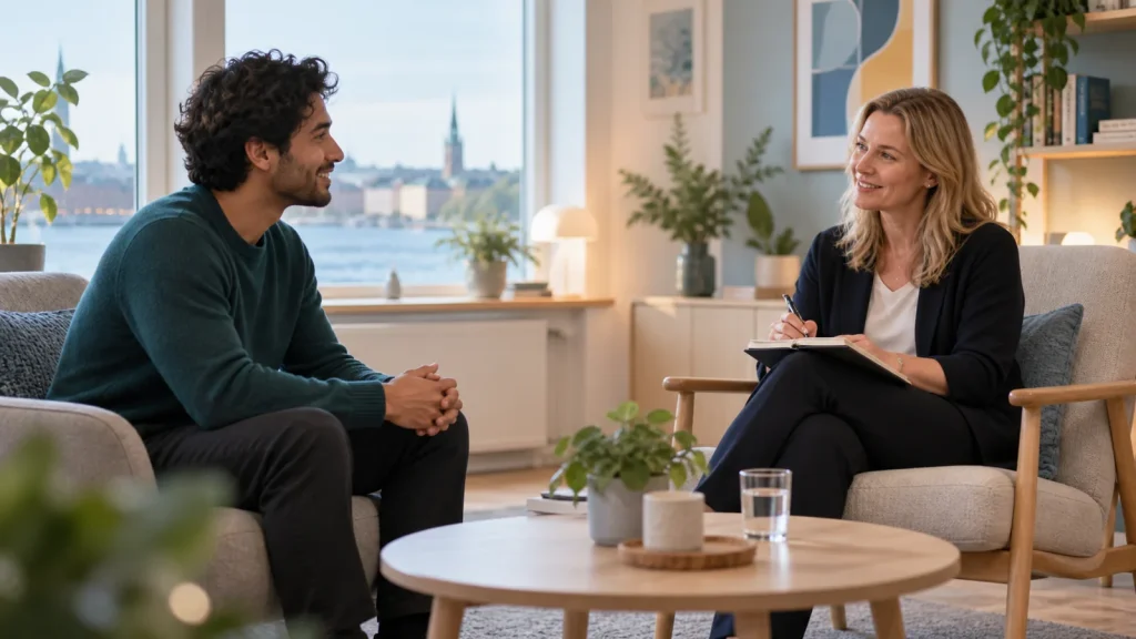 An English-speaking resident meets a therapist in a welcoming Swedish clinic