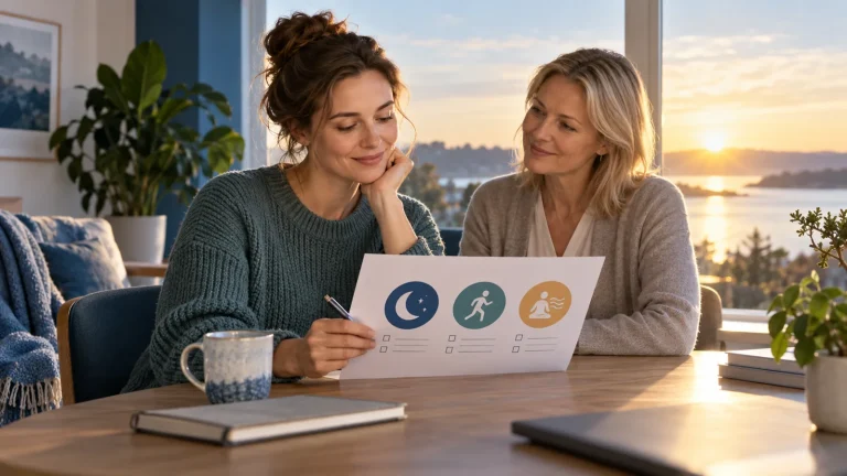 En person och terapeut går igenom en plan för sömn, aktivitet och återhämtning