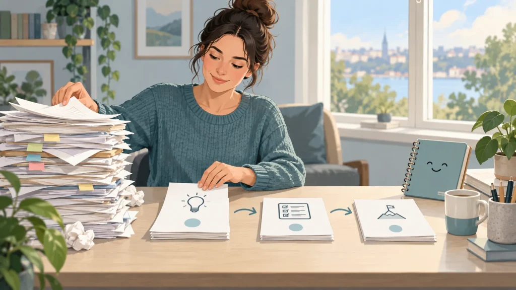 Illustration av en person som delar upp en stor hög papper i små tydliga steg