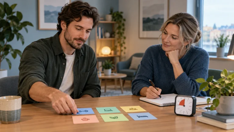 En vuxen och terapeut planerar veckan med tydliga visuella kort och en timer