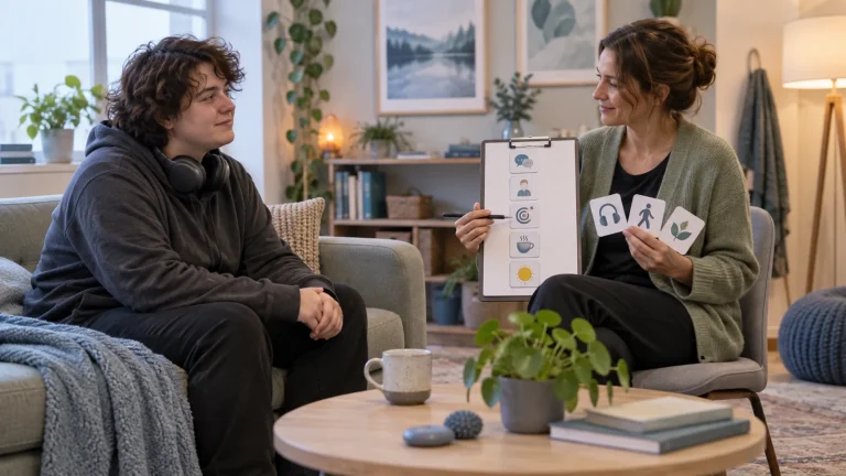 En autistisk vuxen och terapeut använder en tydlig visuell agenda i ett lugnt rum