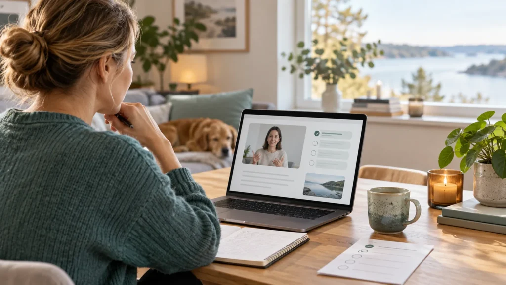 En person följer ett strukturerat KBT-program på sin dator hemma