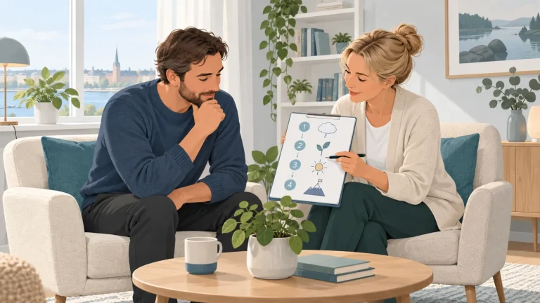 En person och en terapeut går igenom en tydlig behandlingsplan tillsammans